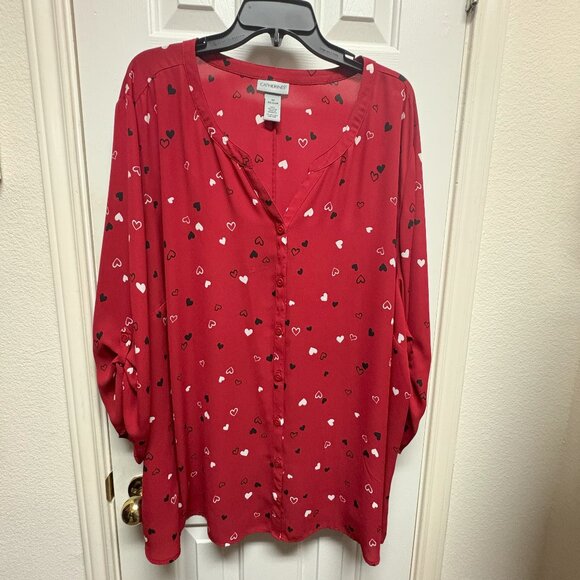 Catherines Red with Hearts Plus Size 4X Tunic Blouse Cuffed Sleeves - Picture 1 of 3